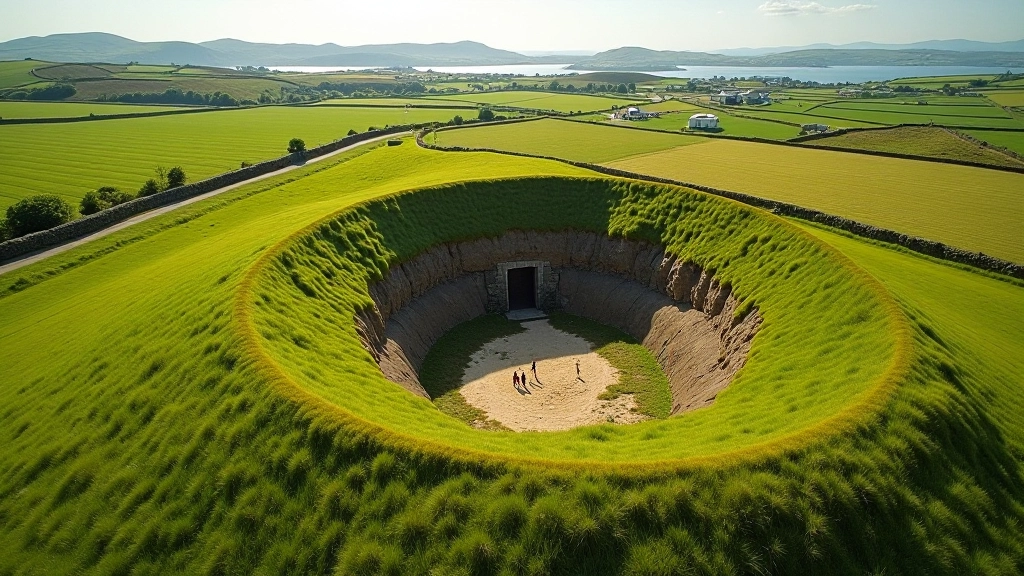 Aerial view of ringfort with marked souterrain entrance location showing relationship to main settlement