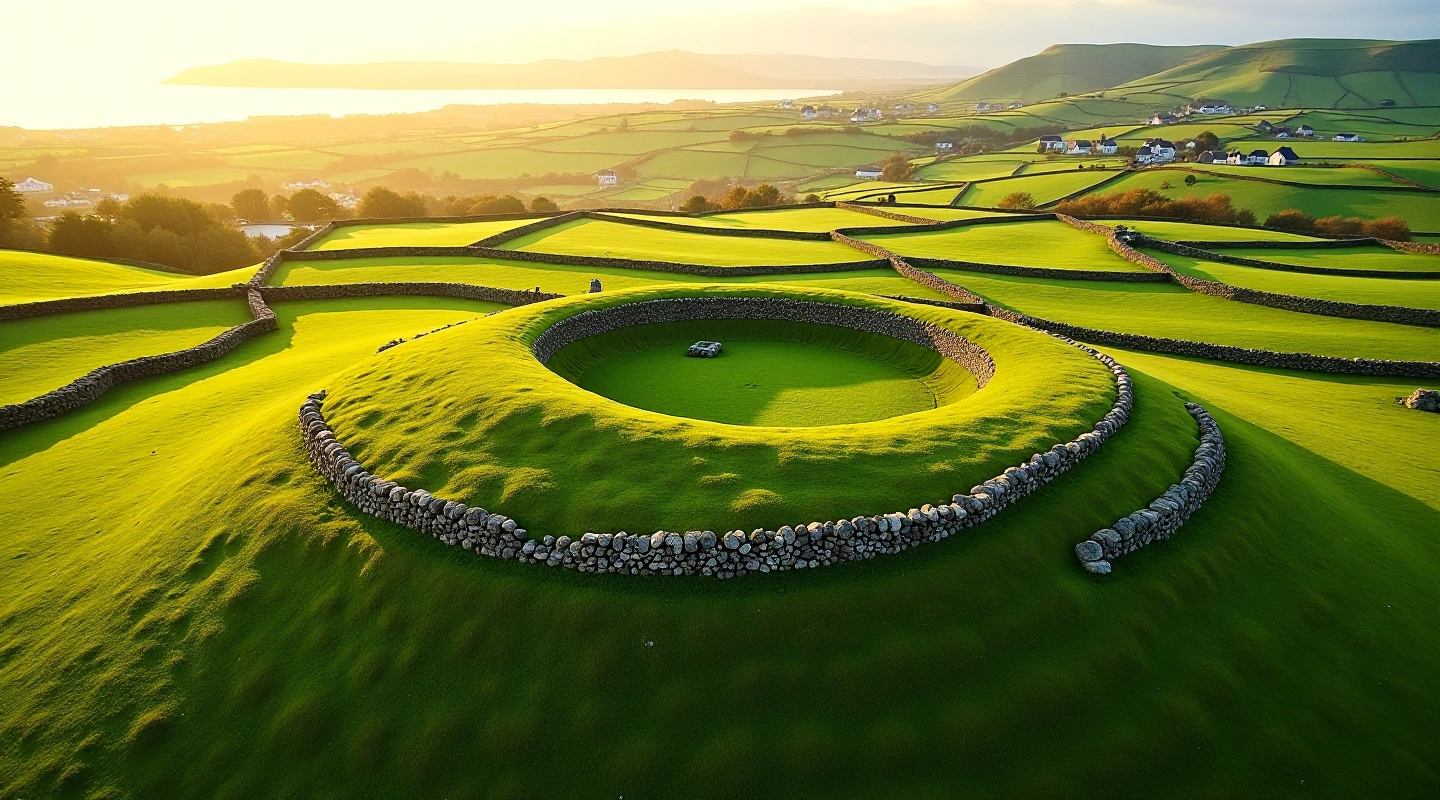 Aerial view of ancient stone ringfort surrounded by green fields in County Kerry landscape