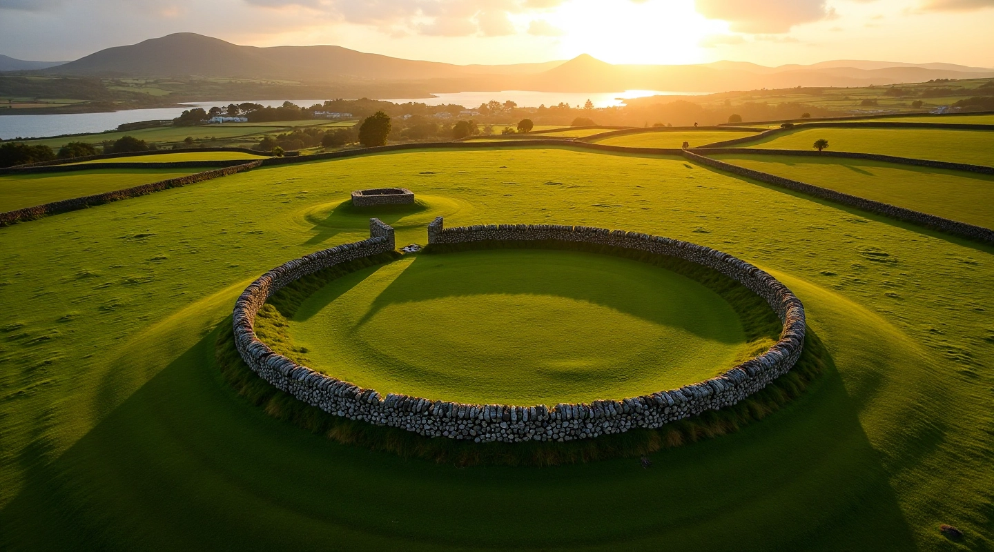 Historic stone ringfort ruins surrounded by green fields and ancient earthworks in County Kerry landscape