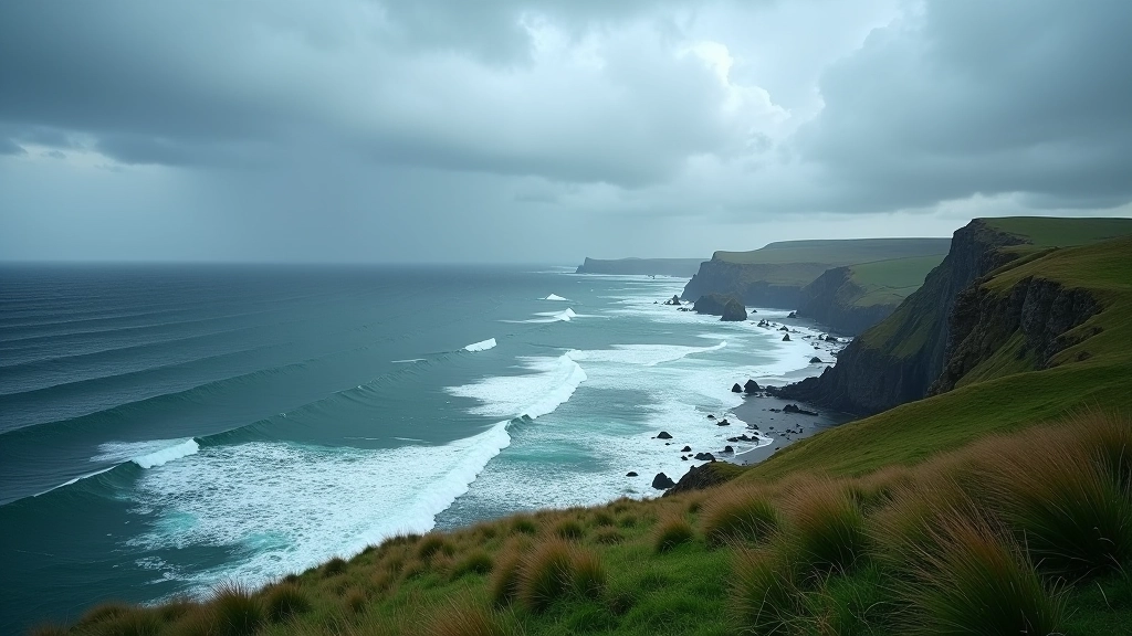 Dramatic Atlantic coastline with storm clouds gathering over the bay and rough sea conditions