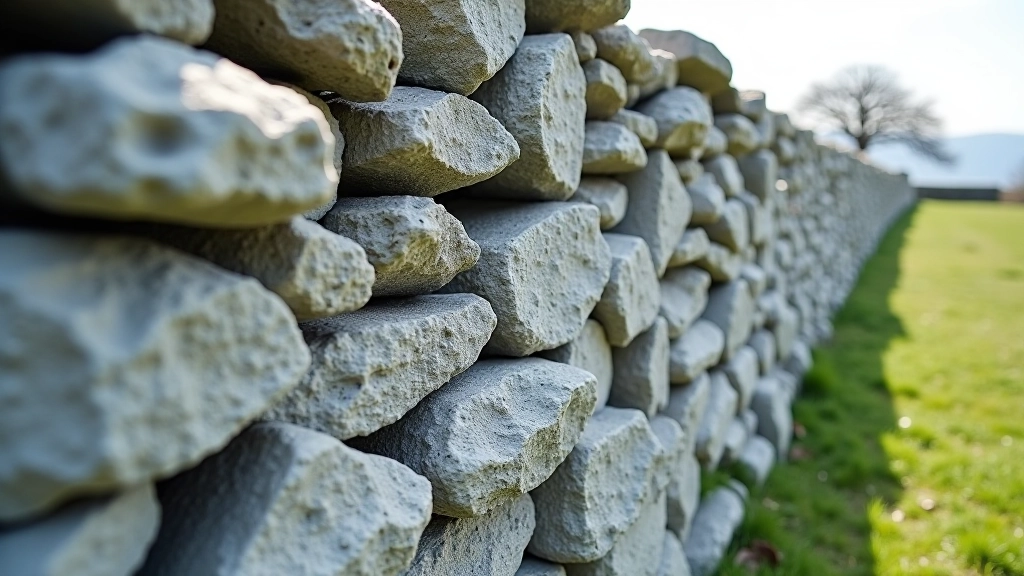 Close-up detail of ancient dry-stone wall construction with individual stones fitted together without mortar, showing archaeological craftsmanship