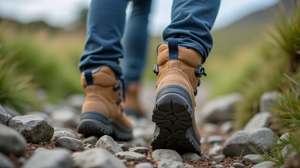 Close-up of waterproof hiking boots on rocky trail surface, showing grip pattern and ankle support