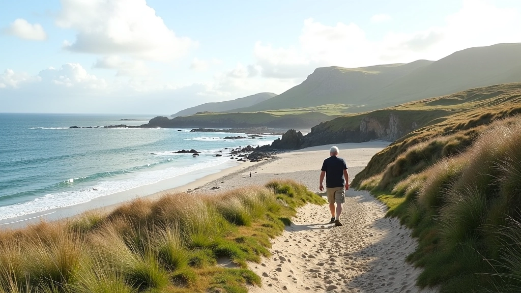 Coastal walking path along Derrynane Bay shoreline with waves and rocky beach