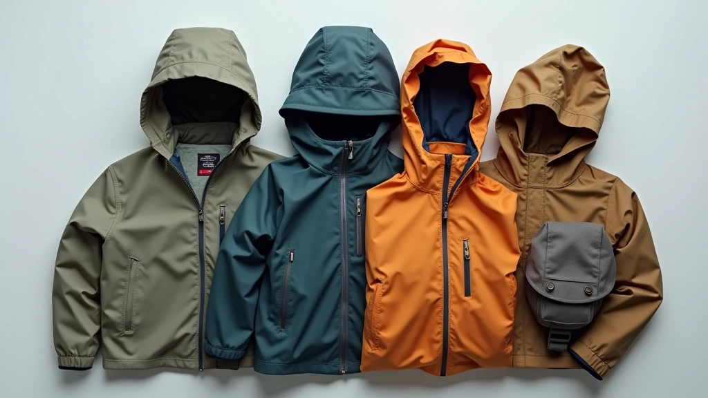 Folded waterproof jacket and layered clothing items arranged on flat surface, ready for packing