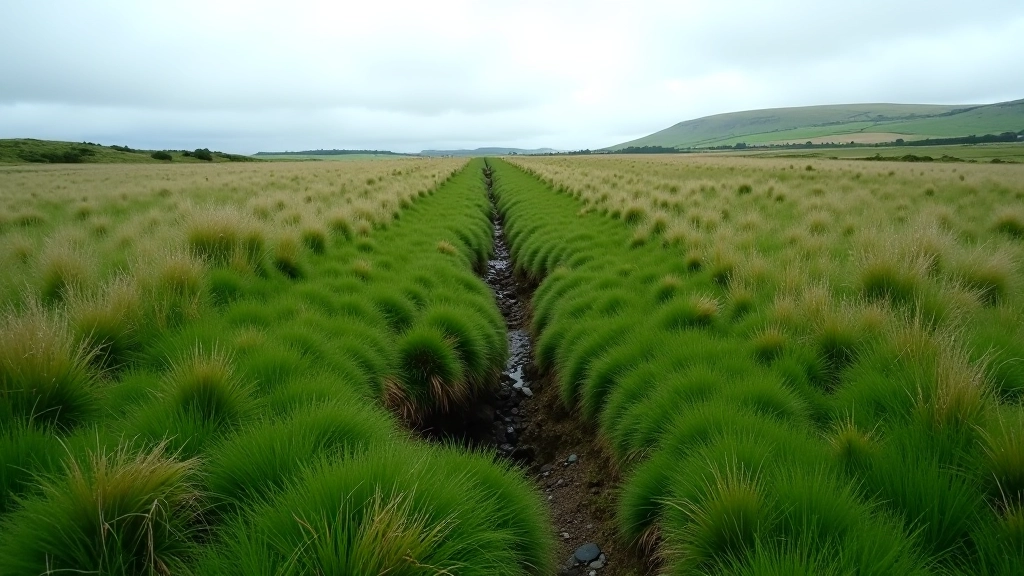 Ground-level view of sunken linear depression in field marking collapsed souterrain roof with grass and vegetation