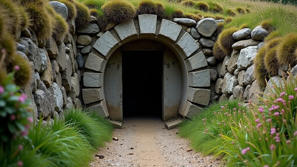 Historic underground souterrain passage entrance in grassy hillside