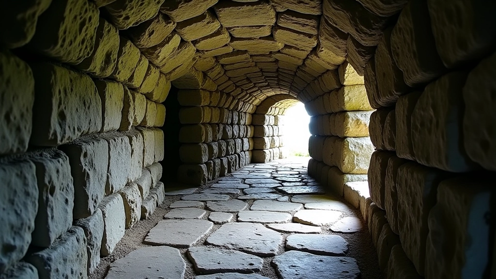 Stone-built souterrain passage interior showing carefully laid dry stone walls and low ceiling construction