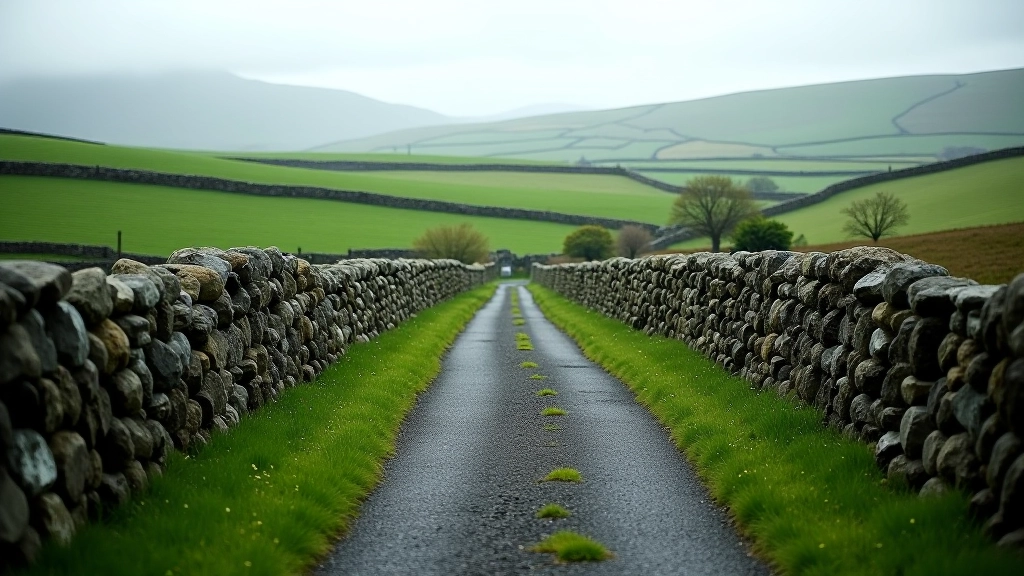 Narrow uphill path with stone walls on either side, green fields beyond, heading toward ancient ringfort on hillside