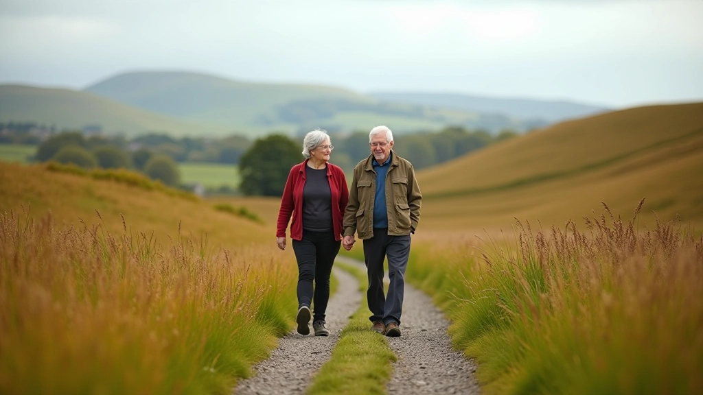 Group of seniors walking on countryside path, relaxed pace