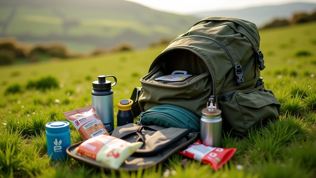 Rucksack with water bottle, snacks, and first aid kit laid out on grass