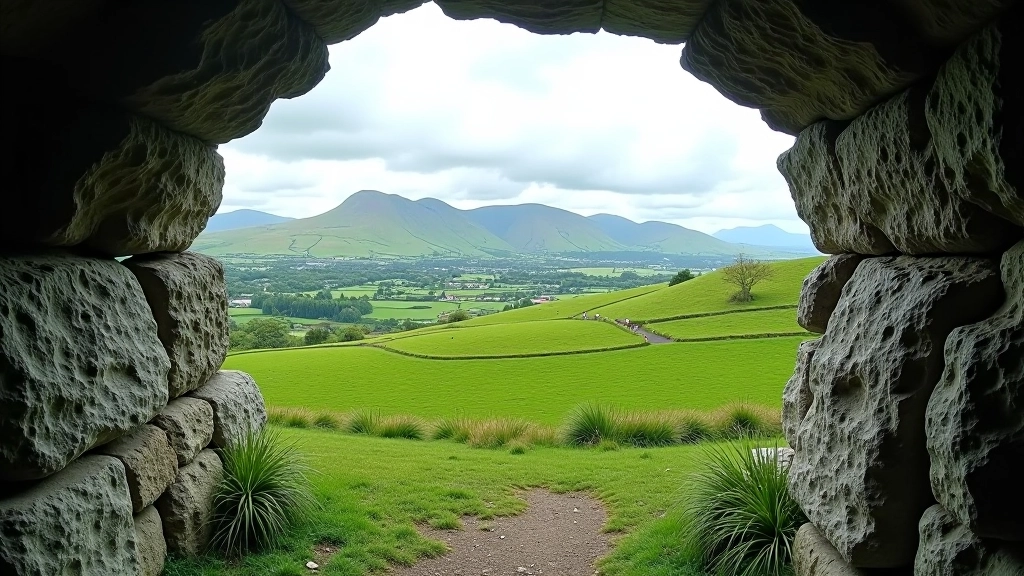 Panoramic landscape view from inside ringfort looking out over Kenmare Valley with mountains in distance, dramatic Irish countryside
