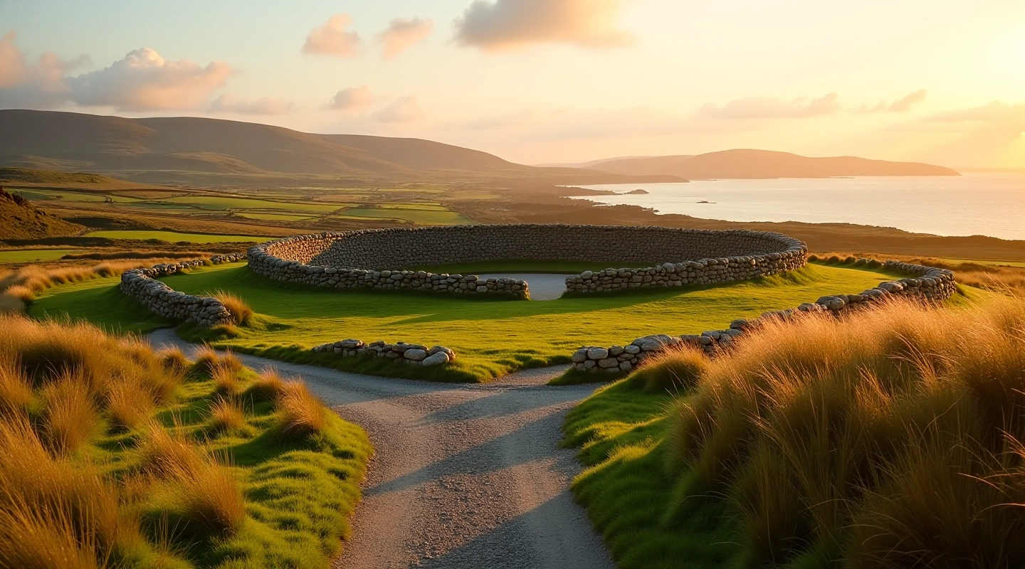 Ancient ringfort structure in Kerry countryside with scenic landscape