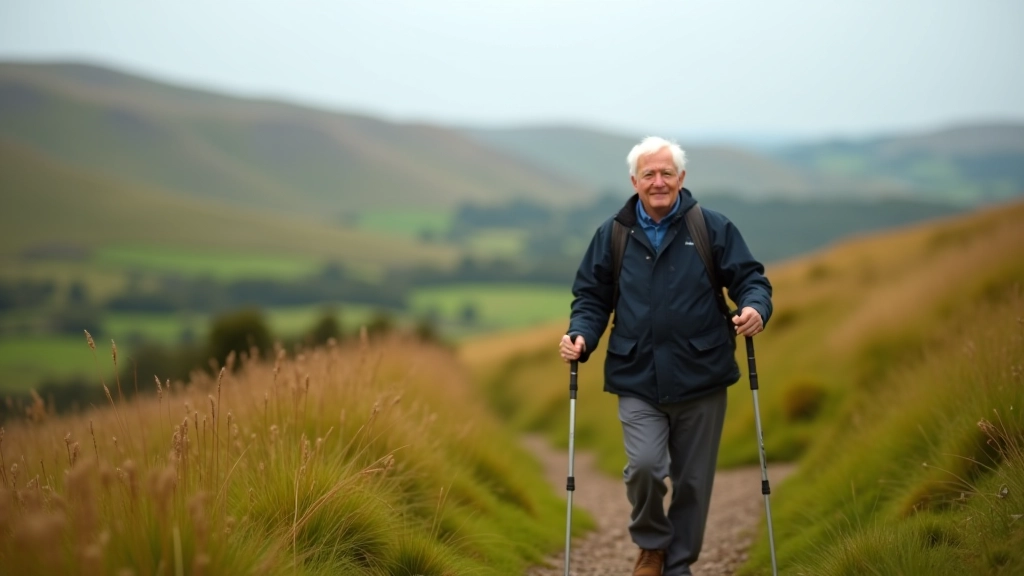 Senior adult walker pausing on hillside trail with walking poles, demonstrating proper pacing technique