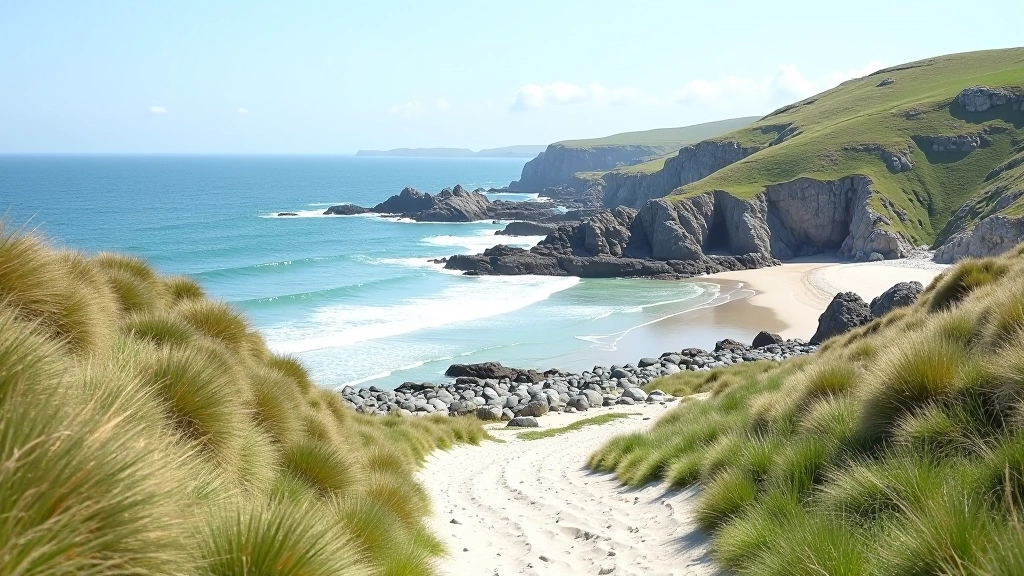 Rocky coastal shoreline with natural grass, white sand, and Atlantic waves