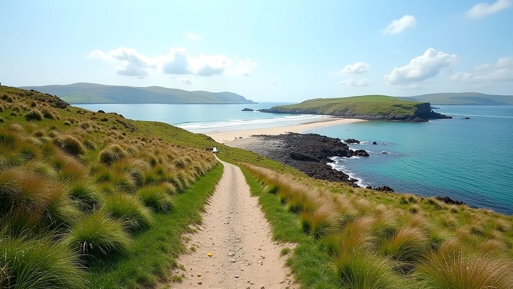 Coastal walking path along Derrynane Bay with sandy beach, rocky outcrops, and Atlantic Ocean views