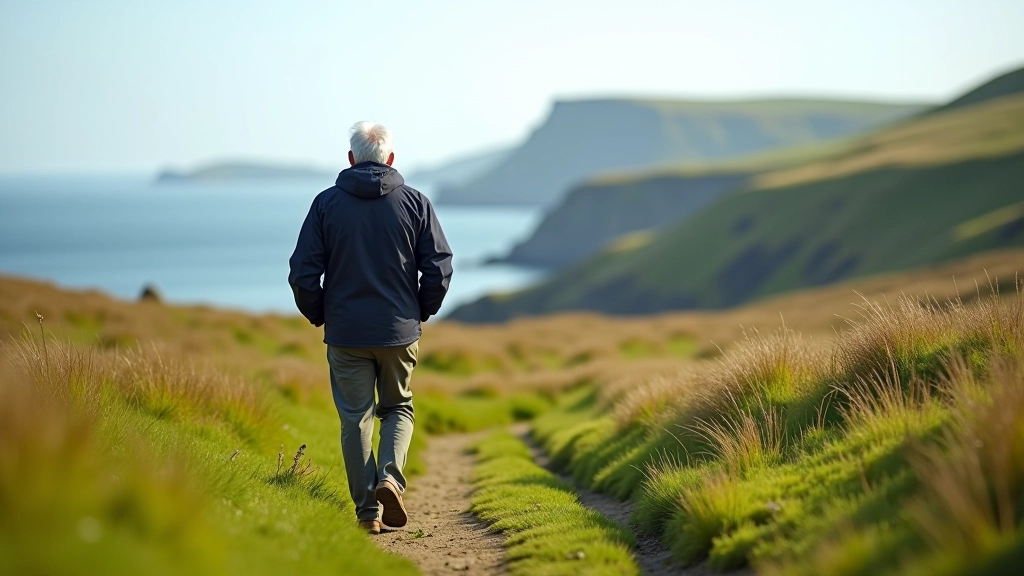 Senior adult walking steadily up a grassy coastal path with ocean visible in the background