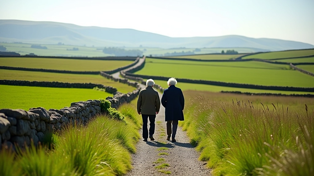 Senior walkers on countryside path with guide