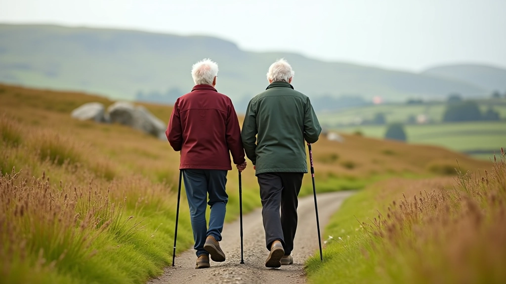 Senior adults walking together on country path with walking poles and proper footwear, demonstrating safe hiking technique