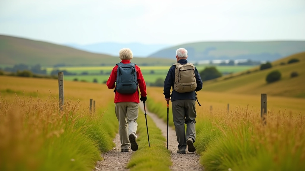Two senior adults walking on rural pathway with proper footwear and walking gear