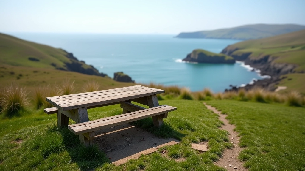 Wooden bench positioned at a scenic coastal viewpoint overlooking the bay and Atlantic waters