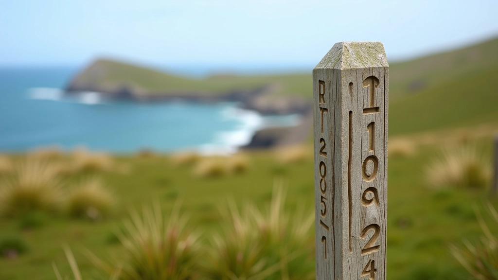 Wooden trail marker post on coastal path with distance information carved into it